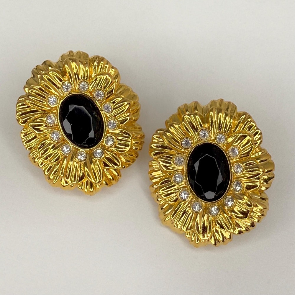 Vintage Kenneth J Lane for Avon Jeweled Flower Clip on Earrings Gold Estate